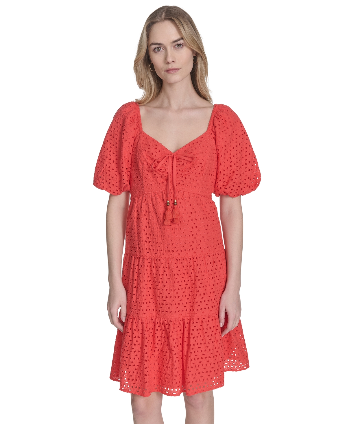 Vince Camuto Women's V-neck Short-puff-sleeve Eyelet Dress In Red