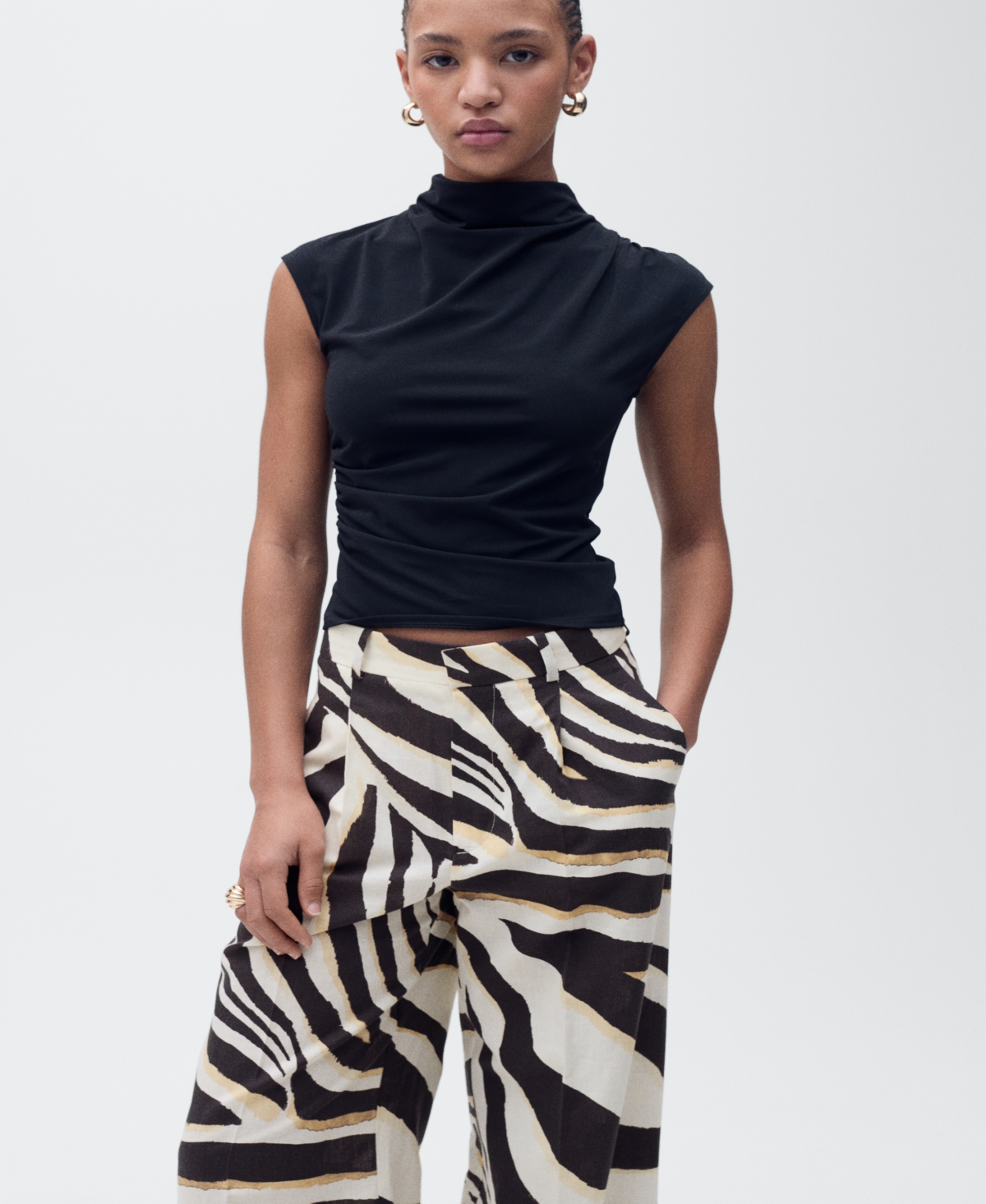 Women's Zebra-Print Pleated Wide Leg Pants - Beige