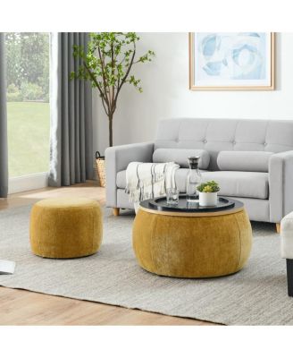 Multifunctional Round Ottoman Coffee Table with Wood Lid Hidden Seat and Storage for Bedroom or Living Room No Assembly Needed