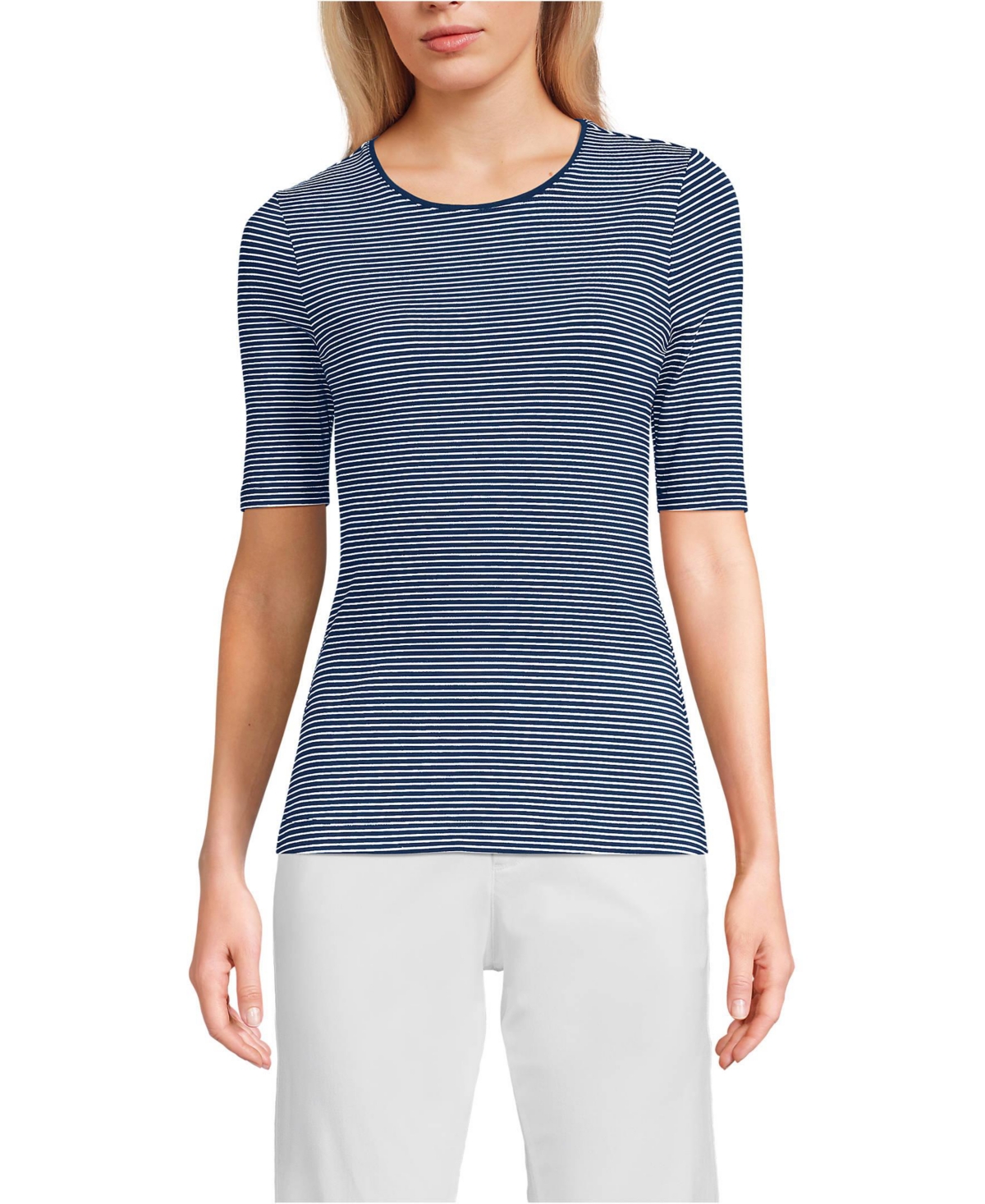 Women's Lightweight Jersey Skimming Elbow Sleeve Crew Neck T-shirt - Deep sea navy tiny stripe