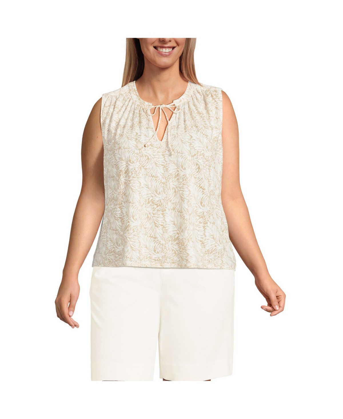 Women's Plus Size Linen Blend Notch Neck Swing Tank Top - Black plumeria