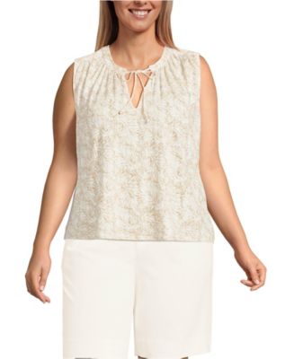 Lands' End Women's Plus Size Linen Blend Notch Neck Swing Tank Top - Champagne Leaf Scroll