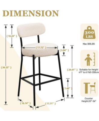 Set of 2,Metal/Fabric, 24 Inches Modern Counter Height Bar Stools with Curved Back, Upholstered Boucle Barstools for Kitchen Island, Cafe