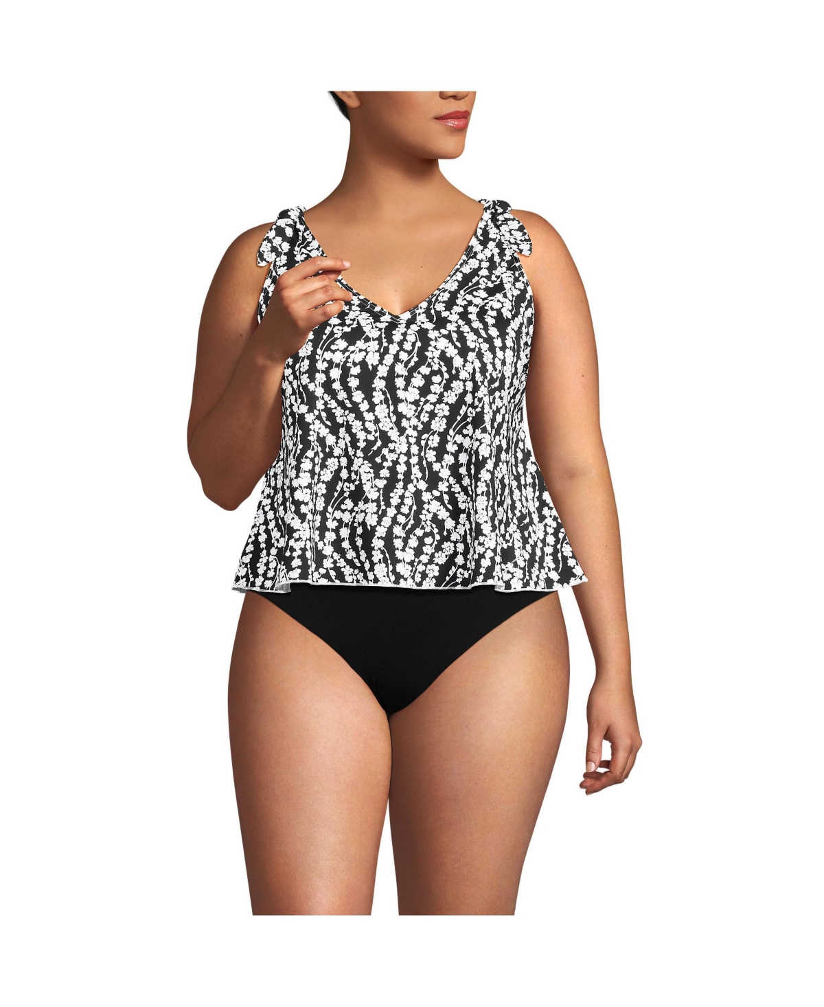 Women's Ddd-Cup Tie Shoulder Flutter Tankini Top - Black/white vine floral