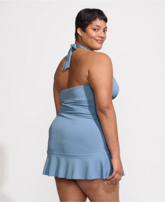 Women's Pique Halter Ruffle Hem Mini Swim Dress Swimsuit