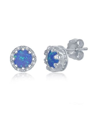 Sterling Silver Prong Synthetic Opal Earrings - Blue
