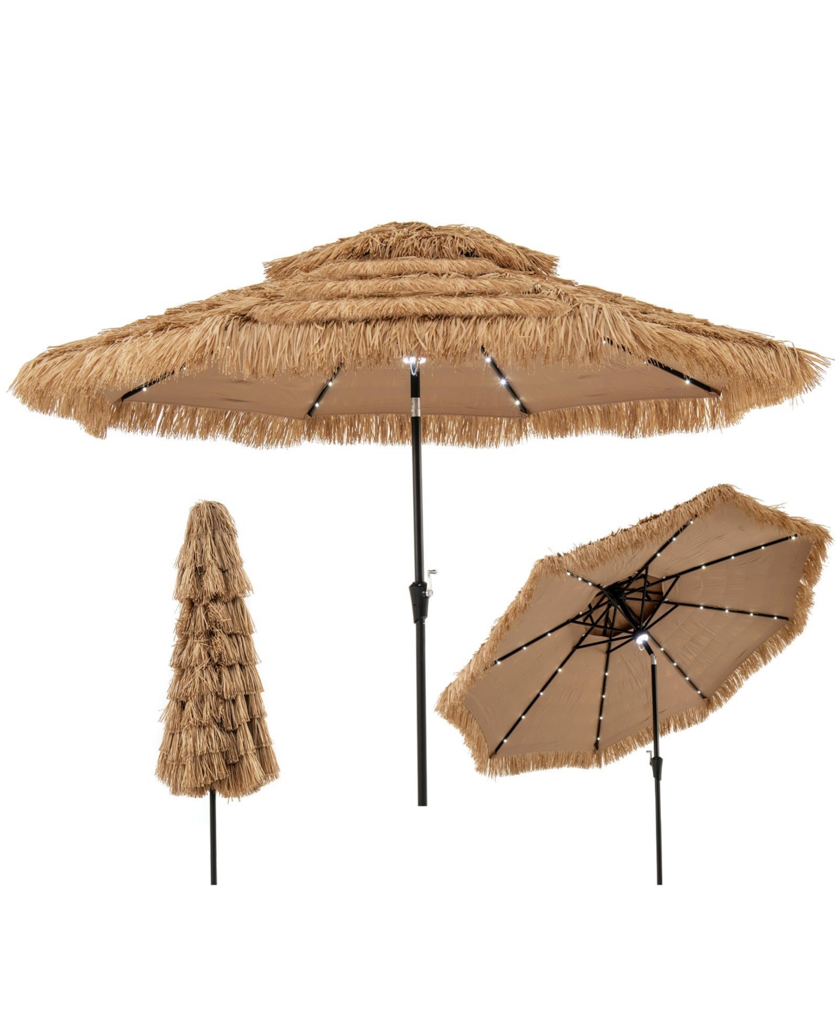 10 Ft Hula Thatched Tiki Umbrella 2-Tier Hawaiian Style Solar Patio Umbrella - Brown