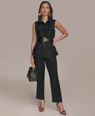 Womens Linen Blend Vest Paperbag Waist Pants