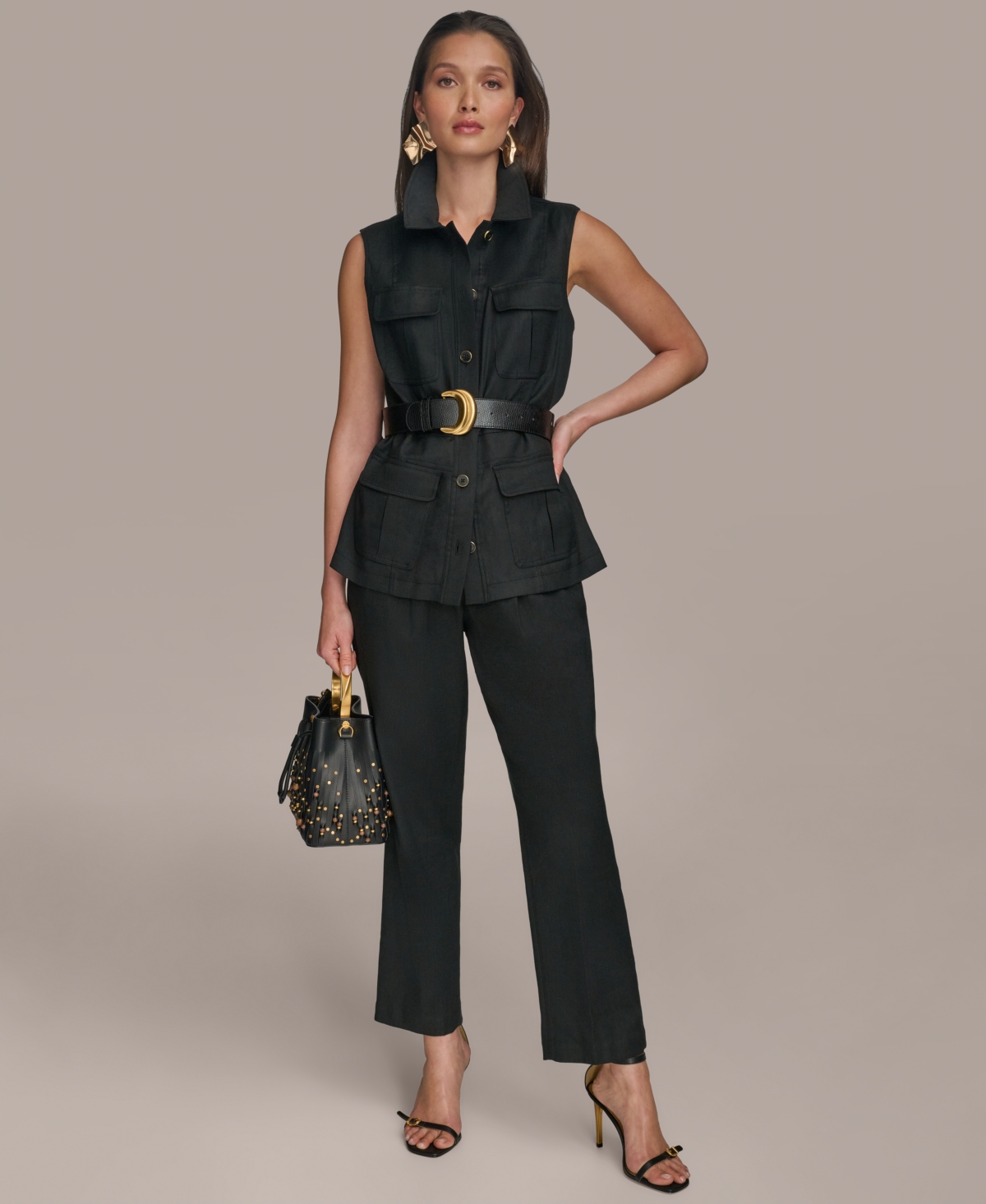 Donna Karan Women's Belted Linen-blend Utility Vest In Black