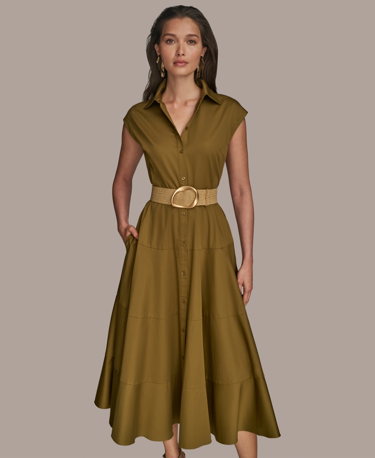 Women's Belted Cap-Sleeve Dress - Smoky Olive
