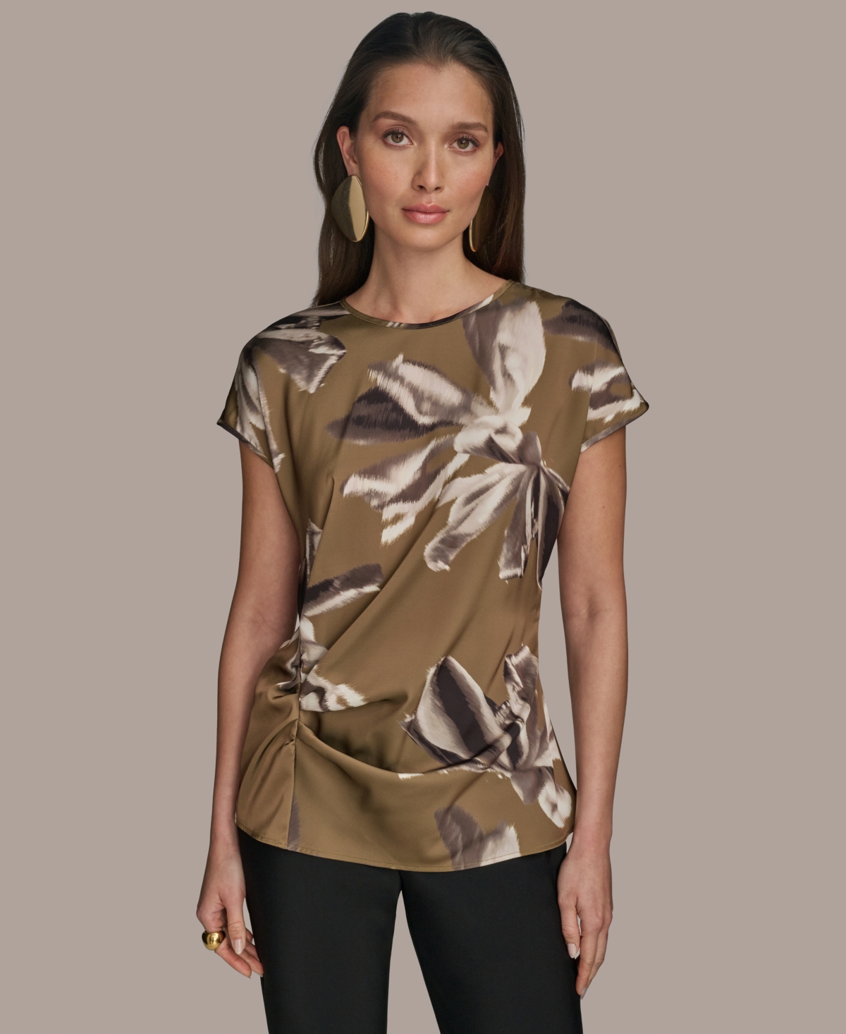 Women's Cap-Sleeve Printed Top - Smky Olv Cmb