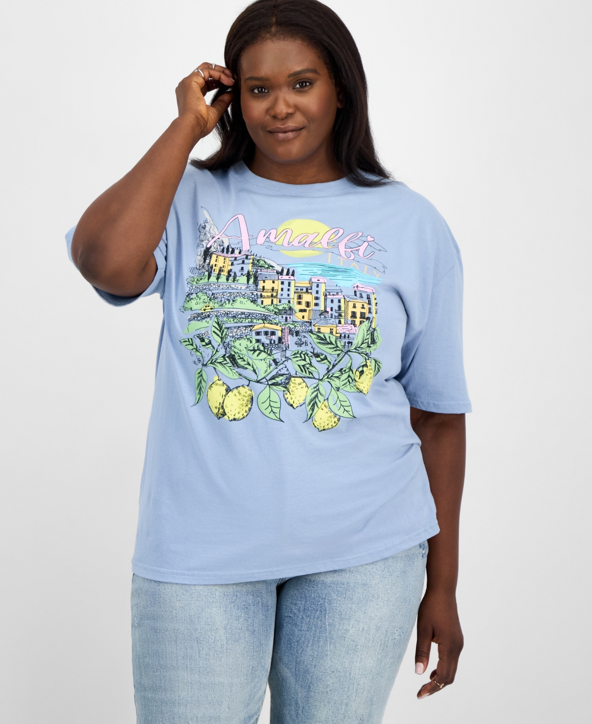 Trendy Plus Size Cotton Short-Sleeve Amalfi Graphic T-Shirt - Dusty Blue