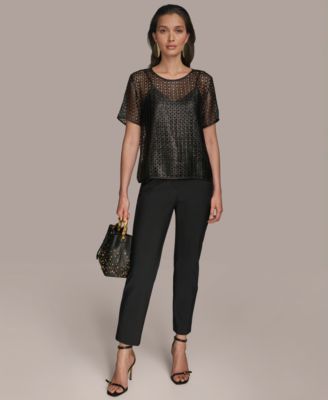 売れ筋商品|||ダナ キャラン ニューヨーク カットソー トップス レディース Women's Sequin Mesh Short-Sleeve Top Black Donna Karan New York Women's Sequin Mesh Short-Sleeve Top