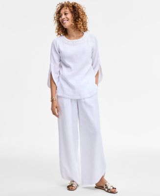 売れ筋商品|||ジェイエムコレクション カットソー トップス レディース Women's Cotton Gauze Split-Neck Beaded Top, Exclusively at Macy's Stonewall JM Collection Women's Split-Sleeve Gauze Top & Tulip-Hem