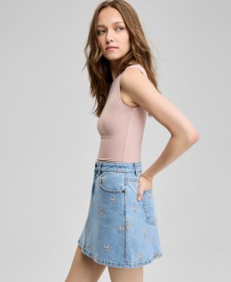 Women's Floral-Embroidered Denim Skirt, Exclusively at Macy's