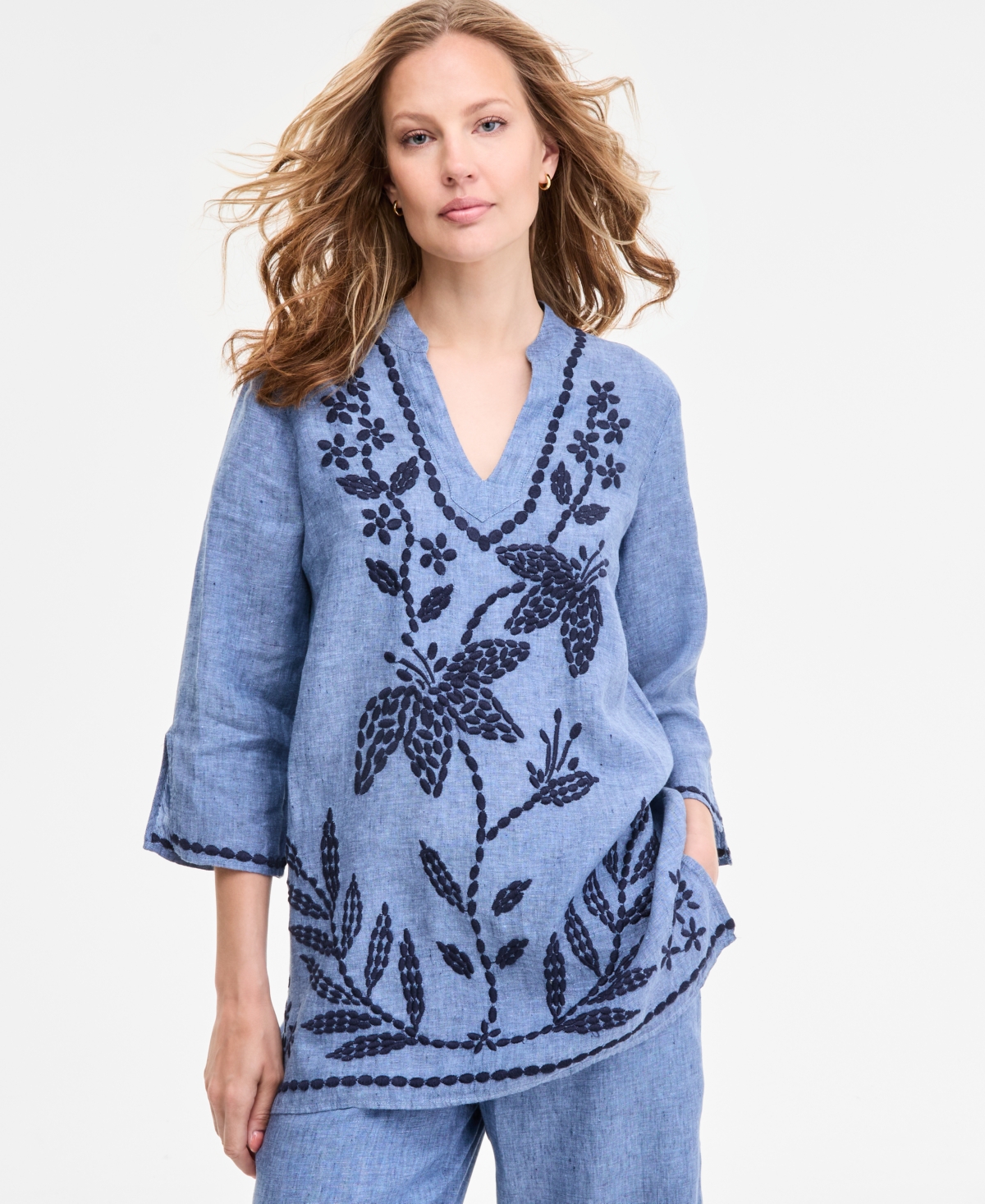CHARTER CLUB WOMEN'S 100% LINEN 3/4-SLEEVE TUNIC TOP, EXCLUSIVELY AT MACY'S 
