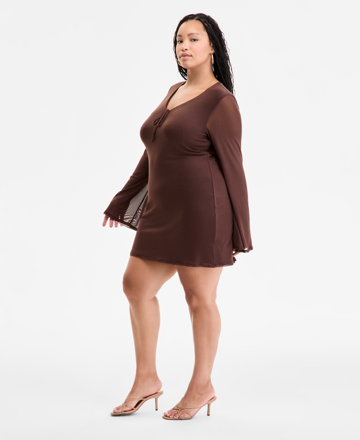 Bar Iii Plus Size Long-sleeve Solid-mesh Mini Dress, Exclusively At Macy's In Brown