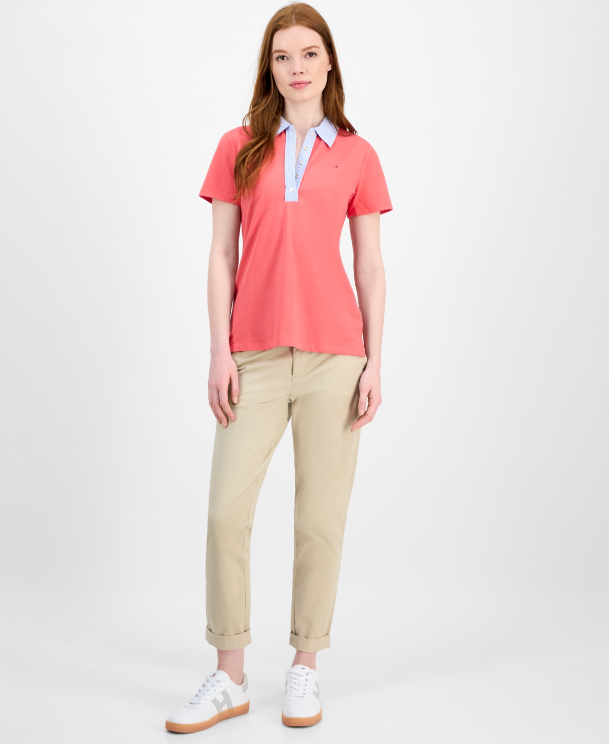 Tommy Hilfiger Womens Button Front Short Sleeve Polo Top In Red