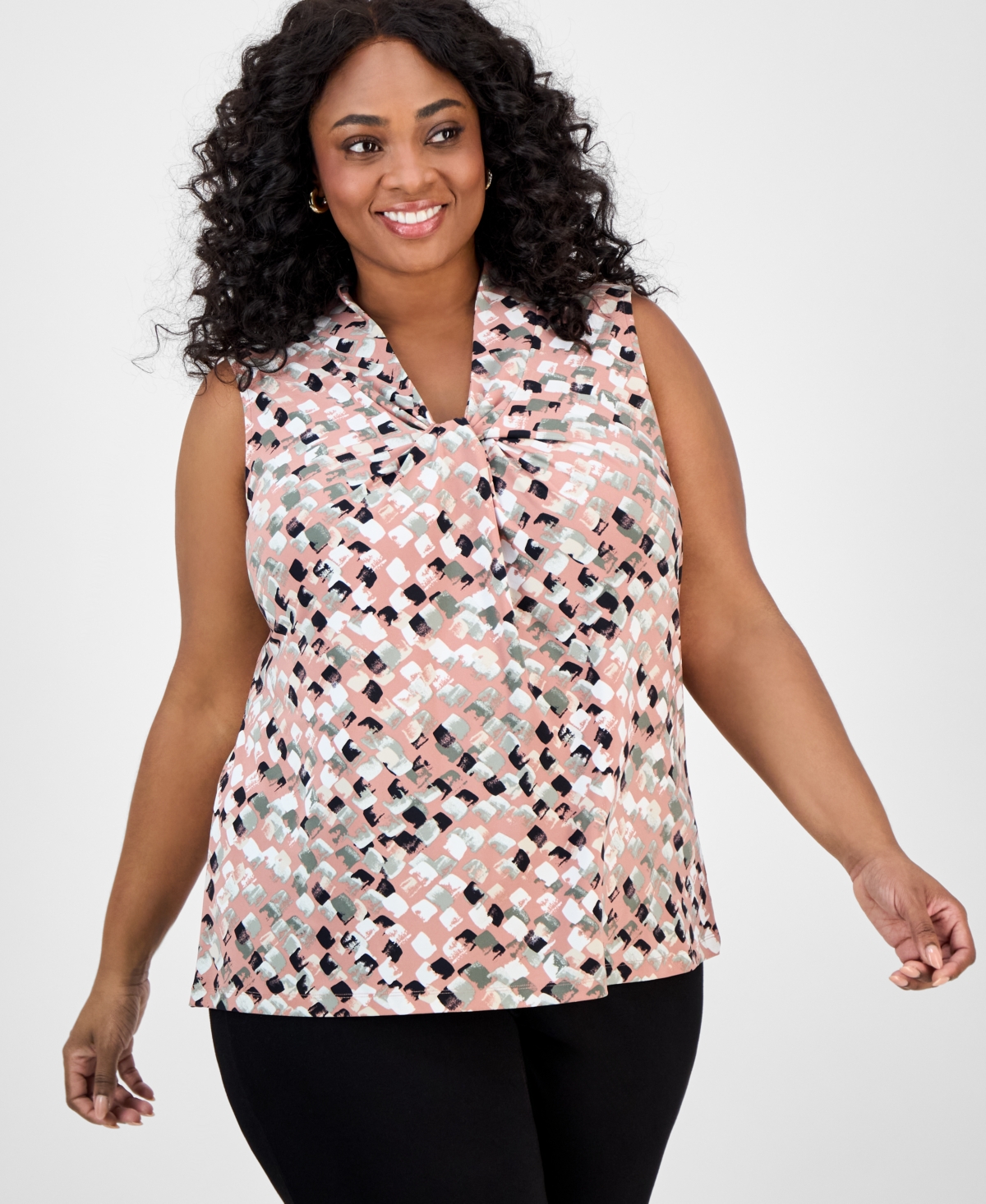 Plus Size Printed Twist-Front Shell Top - Tea Rose Multi