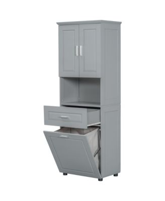 Tall Bathroom Cabinet with Laundry Basket, Large Storage Space Tilt-Out Laundry Hamper and Upper Storage Cabinet, Grey