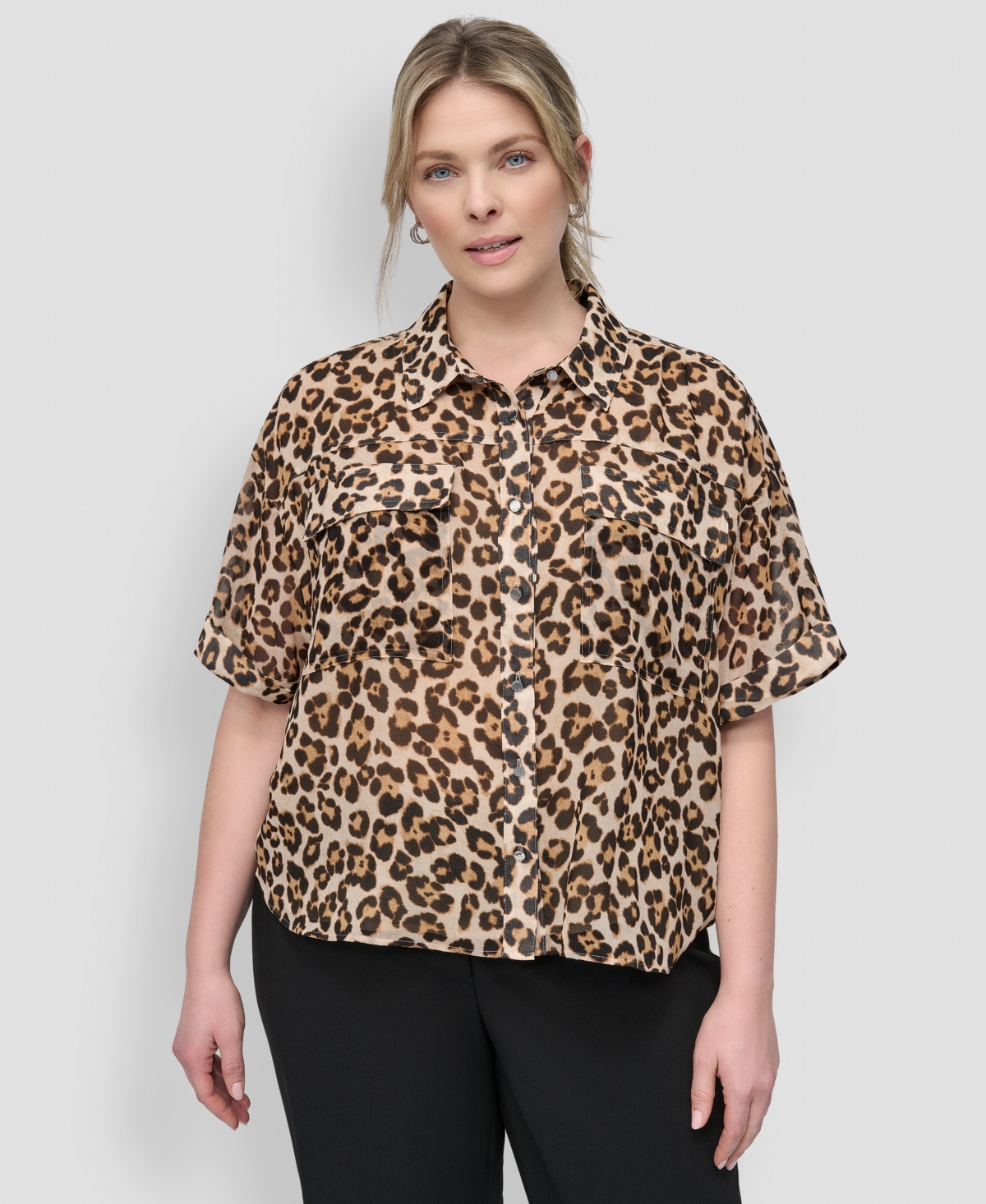 Plus Size Animal Print Short-Sleeve Button-Front Shirt - Whiskey Black