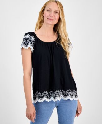 Style & Co - Women's Scoop-Neck Embroidered Short-Sleeve Top