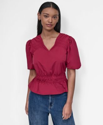 DKNY - Women's V-Neck Puff-Sleeve Peplum Top