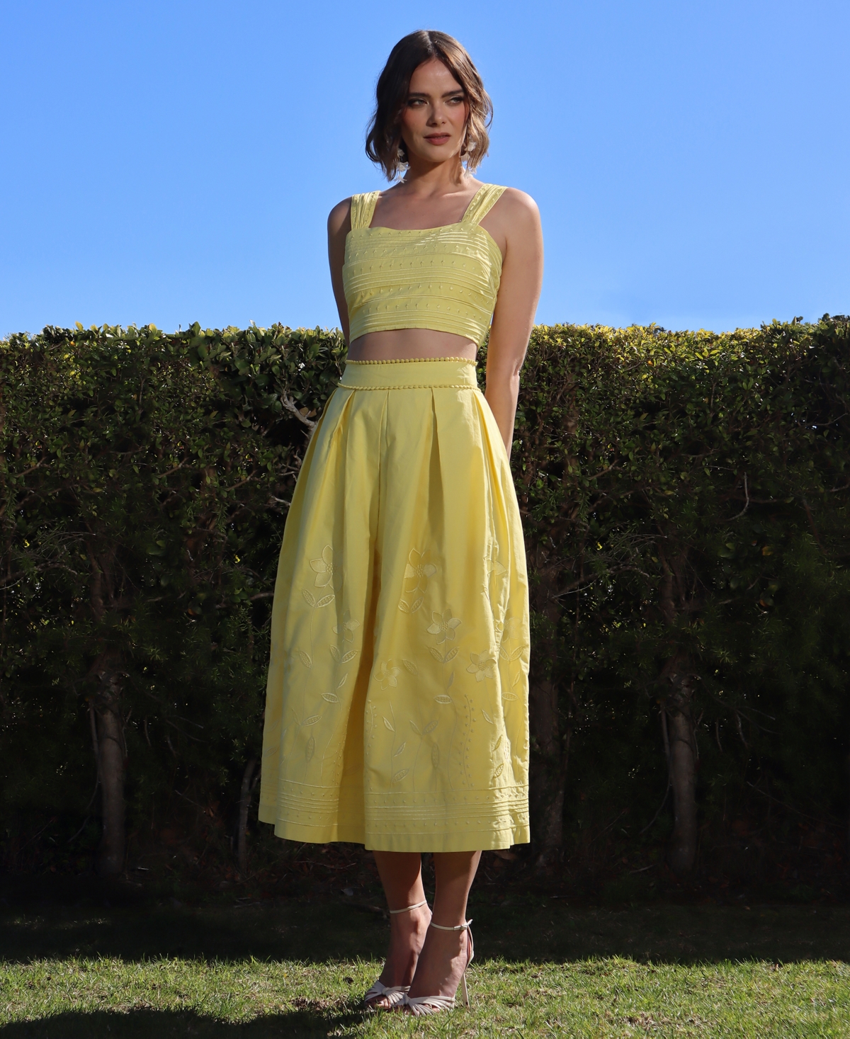 Shop Avec Les Filles Women's Cotton Embroidered Midi Skirt