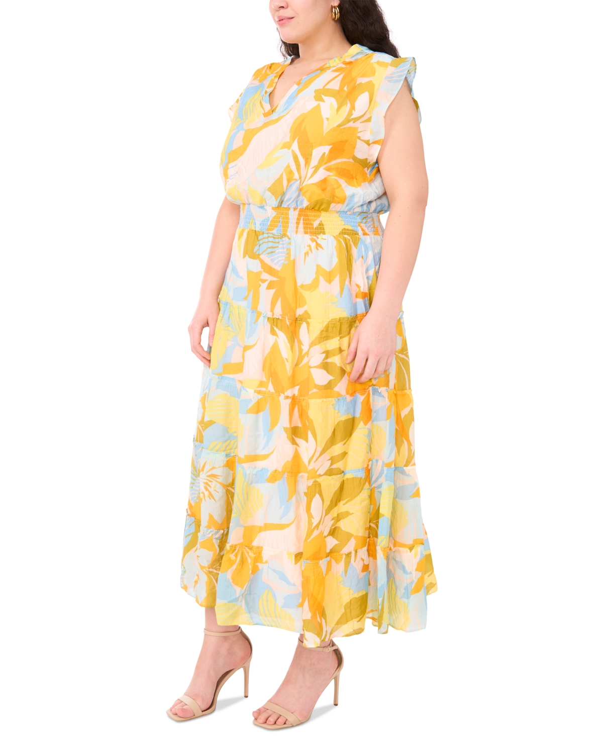 Msk Plus Size Printed Flutter-sleeve Tiered Maxi Dress
