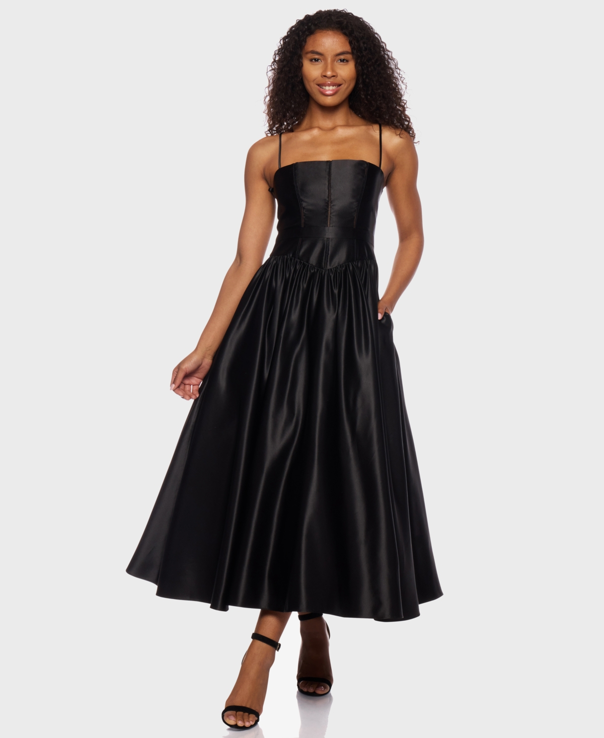 Juniors' Satin Corset Fit & Flare Dress - Black