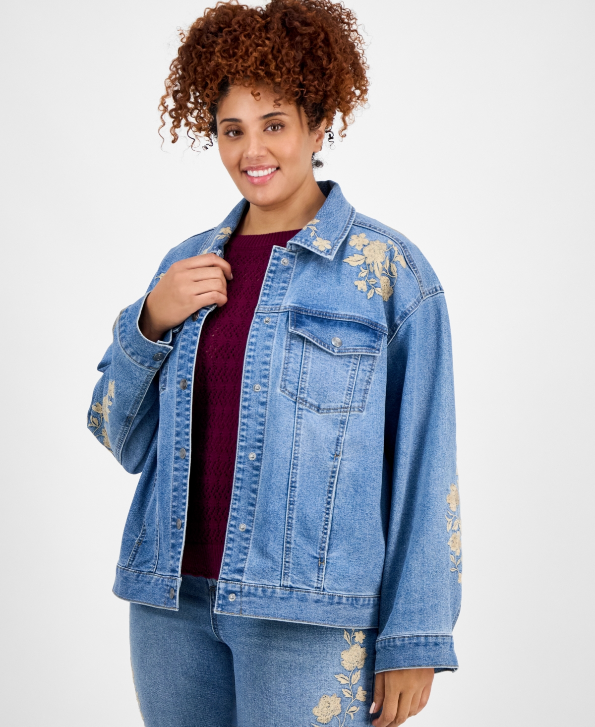 Trendy Plus Size Floral-Embroidered Jacket, Exclusively at Macy's - Boe