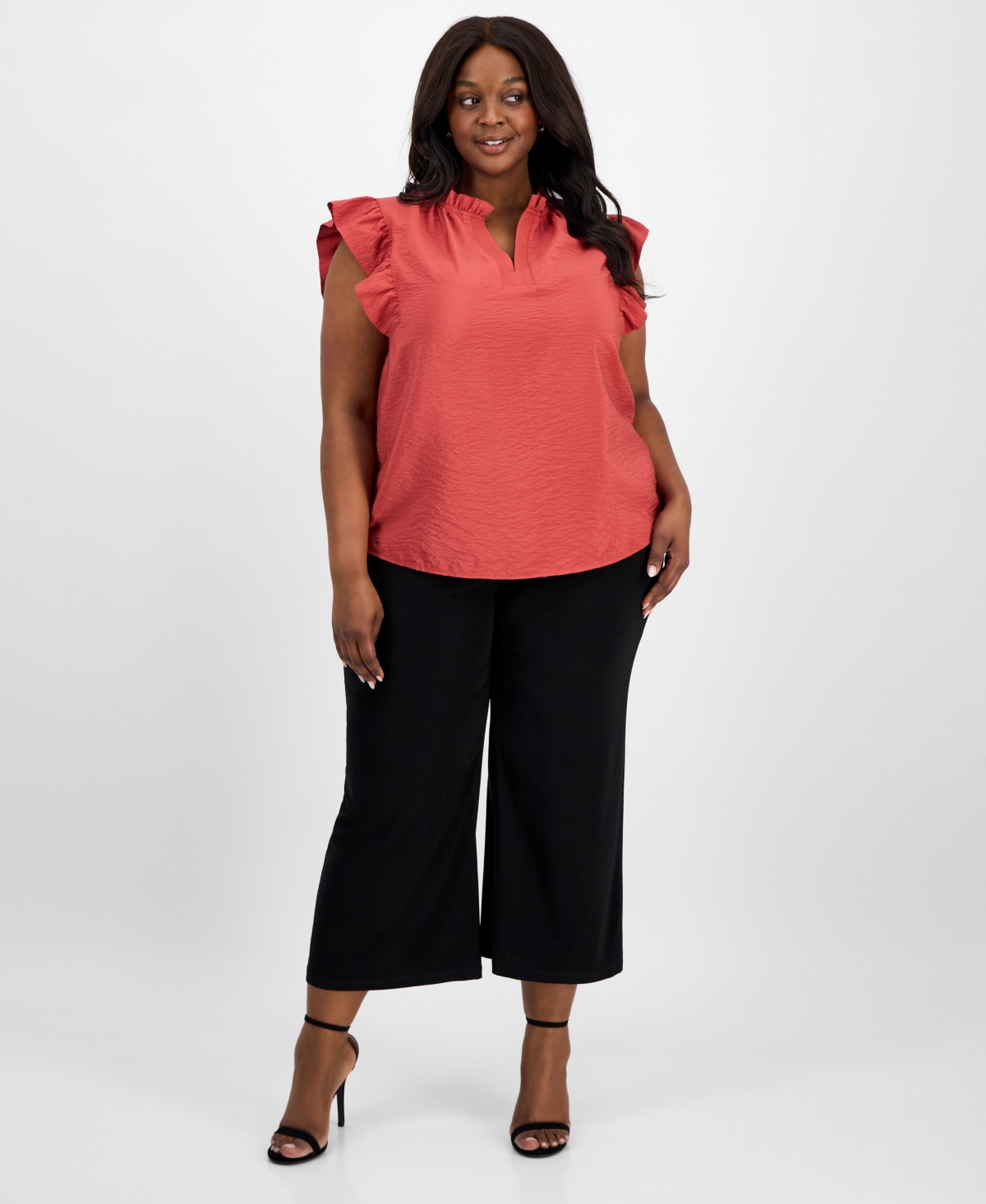 ANNE KLEIN PLUS SIZE RUFFLE-TRIM SPLIT-NECK SLEEVELESS BLOUSE 