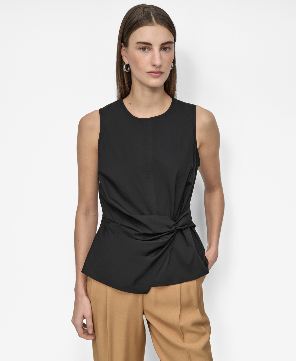 Women's Crewneck Twist-Waist Sleeveless Top - Black