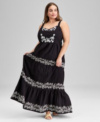 And Now This - Trendy Plus Size Cotton Swiss Dot Embroidered Maxi Dress