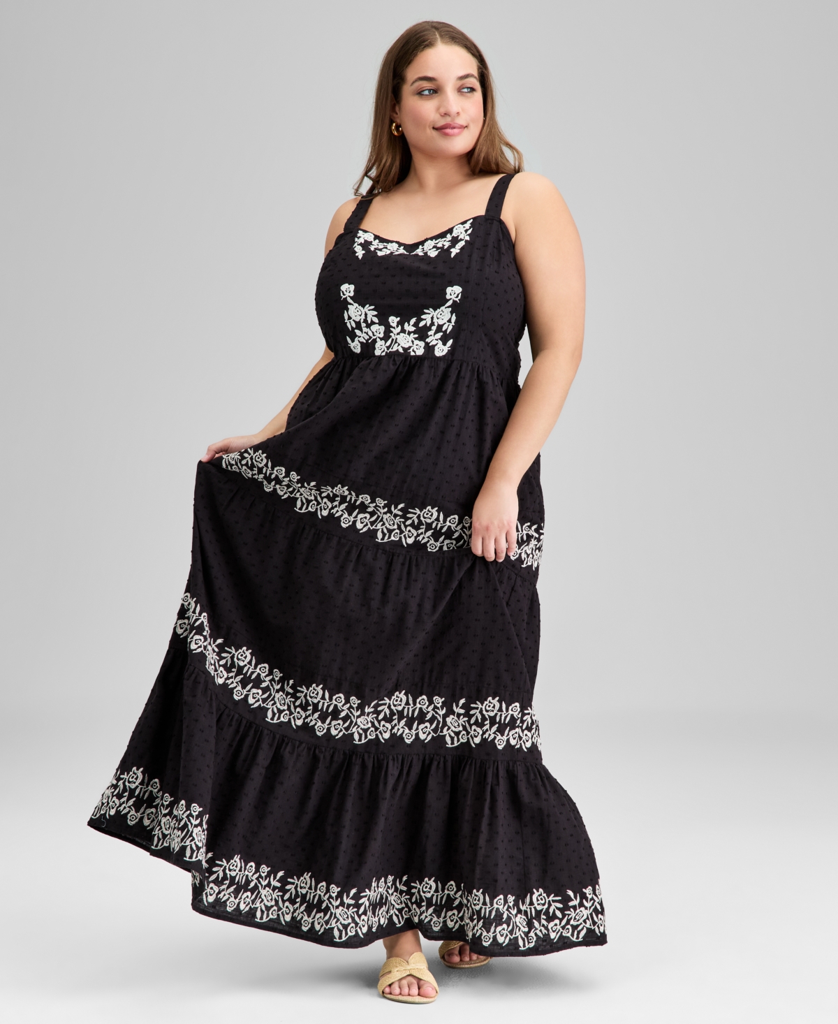 Trendy Plus Size Cotton Swiss Dot Embroidered Maxi Dress, Exclusively at Macy's - Cranberry