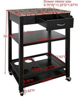 Faux Marble with Wood Kitchen Buffet Serving Cart, Black Finish