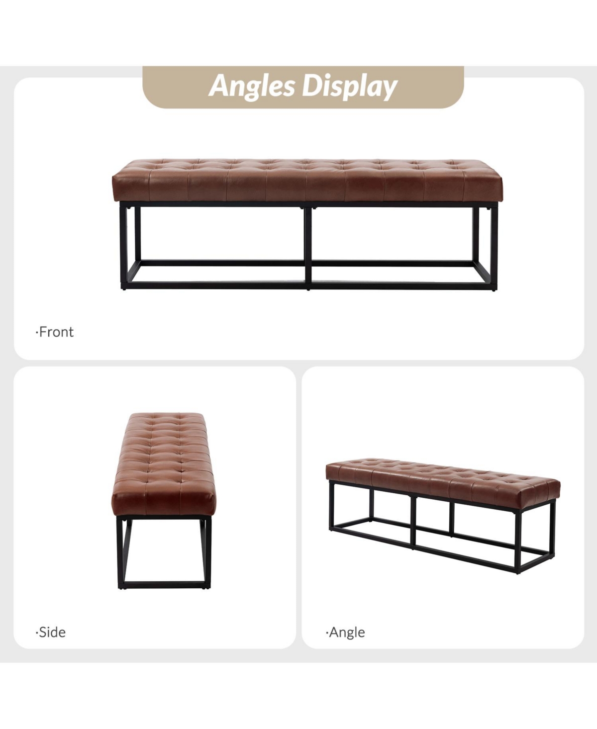 Narciso 60" Wide Bedroom Bench with Genuine Leather Top Cushion and Metal Base