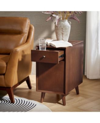 1Pc Mitch Mid-Century End Table with Storage Built-In Outlets & Cup Holder Tray Wood Side Table