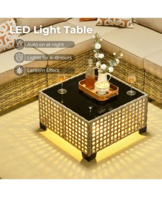 13 Piece Outdoor Patio Furniture Sets with Fire Pit Table,All Weather Wicker Sectional Sofa with Extra Deep Patio Swivel Chairs and Solar PoweRed Coffee Table for