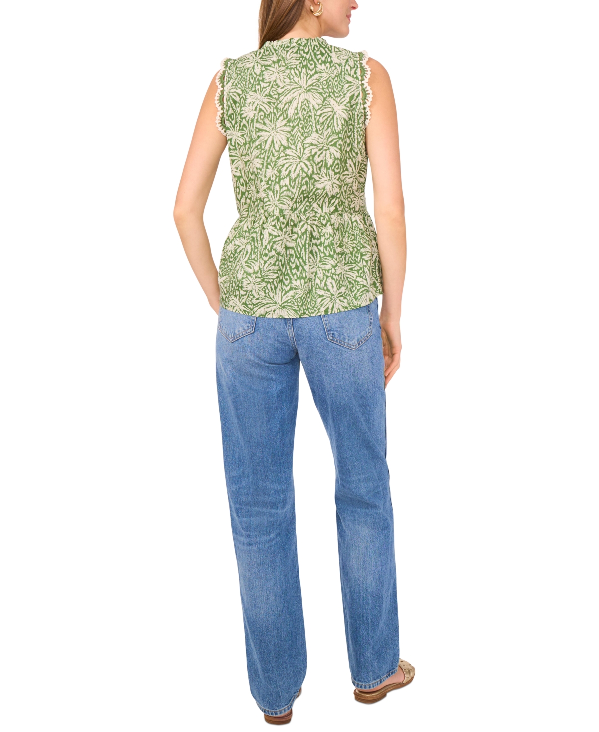 Vince Camuto Women's Peplum-hem Floral-print Crocheted-trim Top