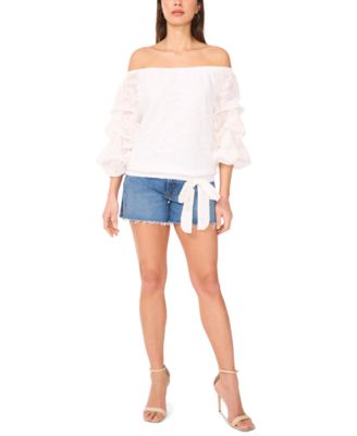 Women's Textured Off-The-Shoulder Bubble 3/4-Sleeve Tie-Front Blouse