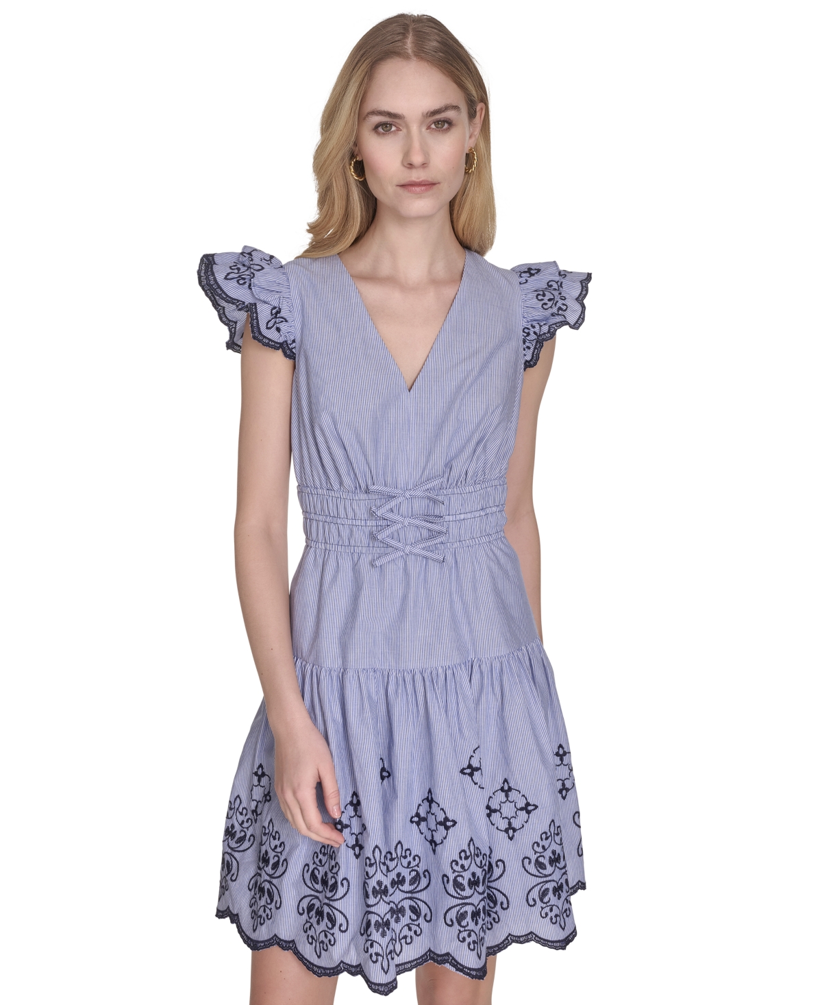 Vince Camuto Plus Size Flutter-sleeve Embroidered Cotton Dress