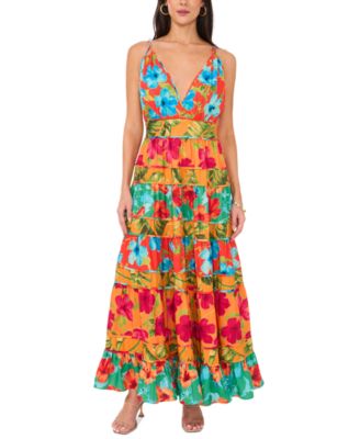 Vince Camuto - Women's Floral-Print Tiered Deep V-Neck Dress