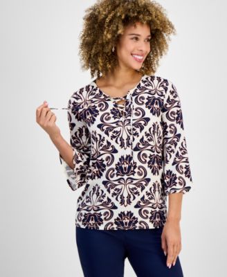 JM Collection - Women's Sumatra Scrolls Split-Neck Top