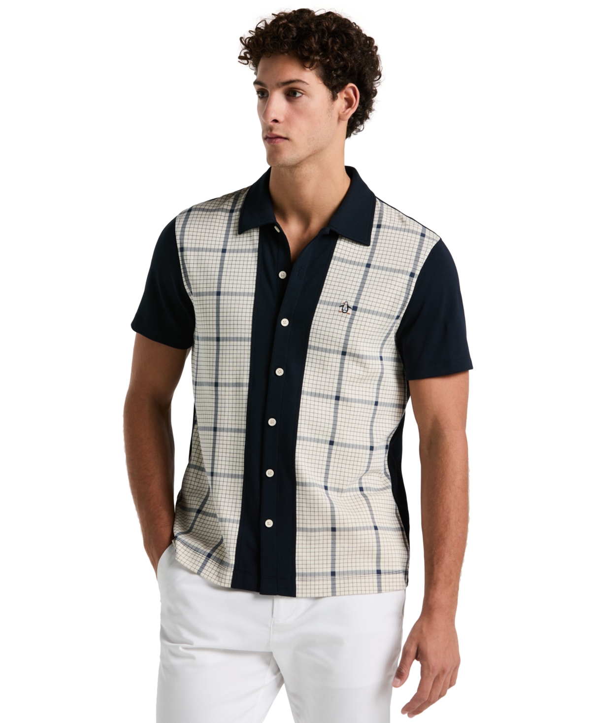 Men's Slim-Fit Cotton Interlock Plaid Bowling Shirt - Birch