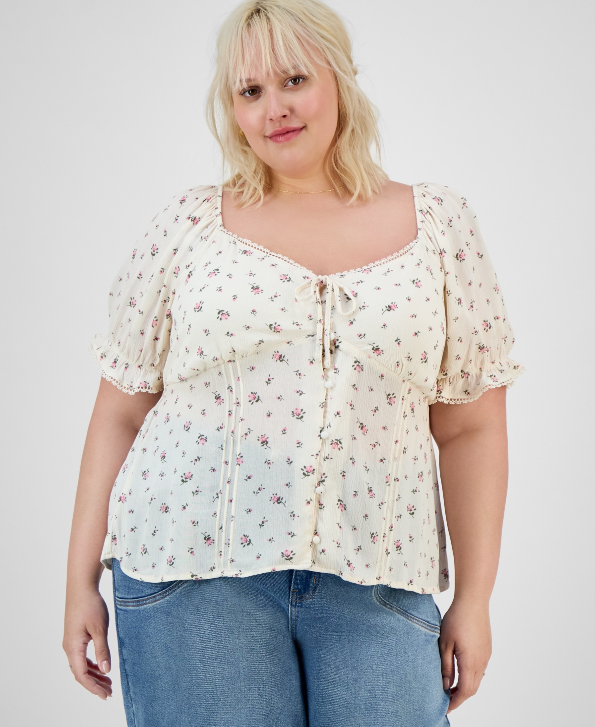 Trendy Plus Puff-Sleeve Woven Top - Egret Floral