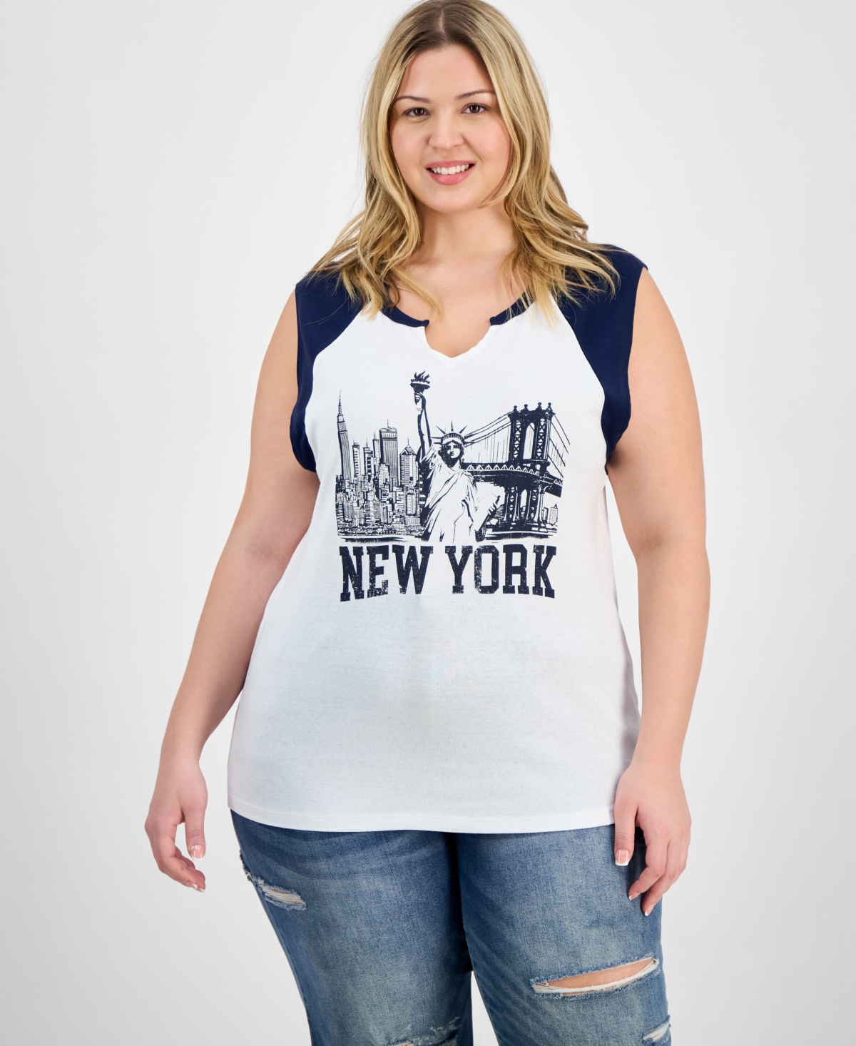 Trendy Plus Size Cotton New York Graphic Top - White