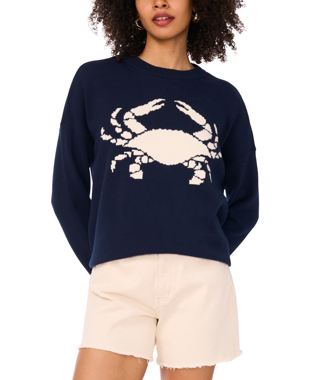 Shop Vince Camuto Women's Cotton Crab Crewneck Relaxed Sweater