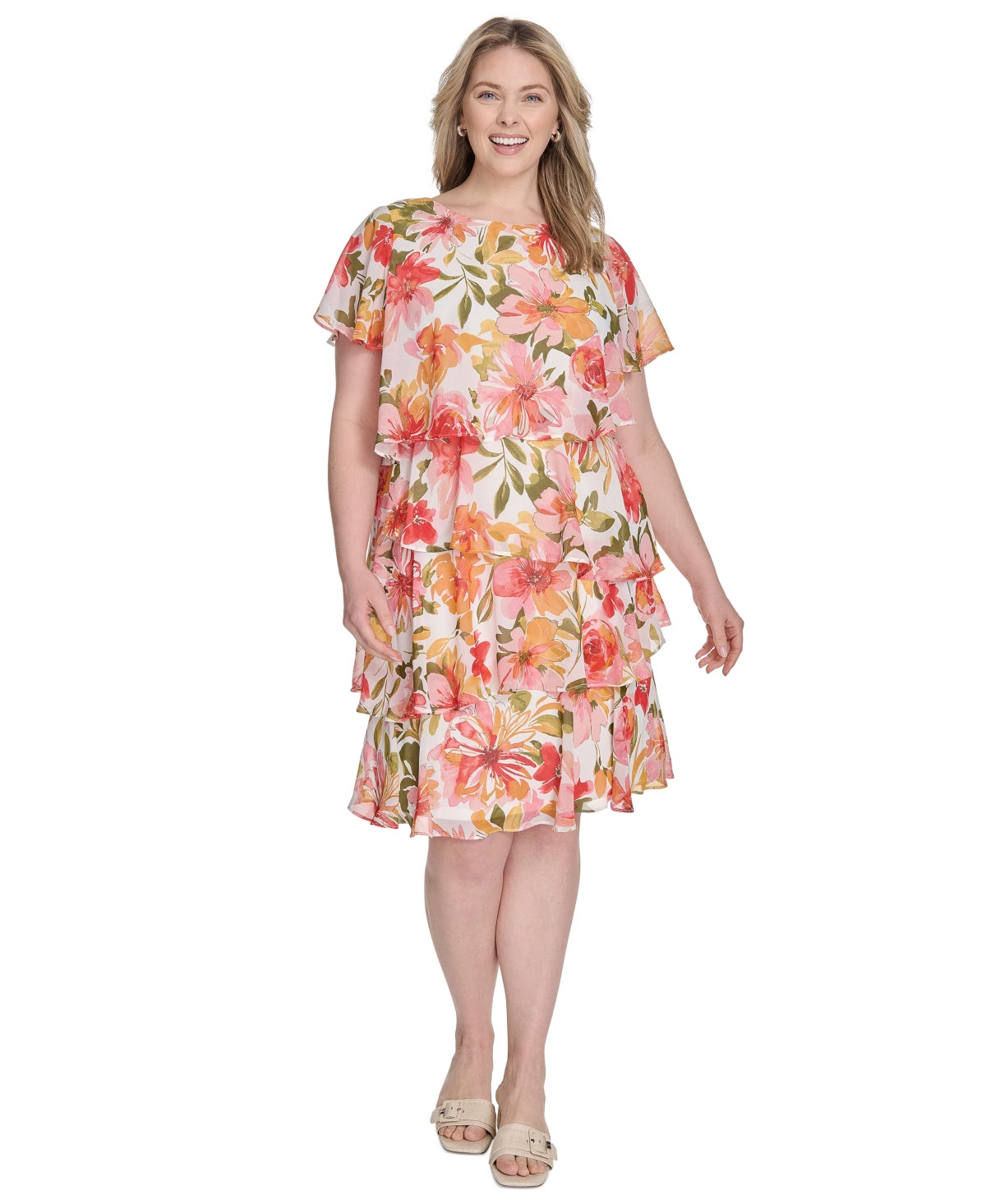 Plus Size Floral-Print Tiered Shift Dress - Ivory