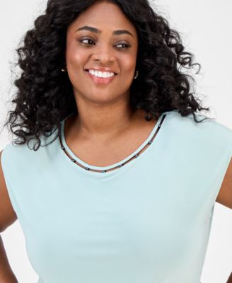 Plus Size Beaded-Neckline Short-Sleeve Top